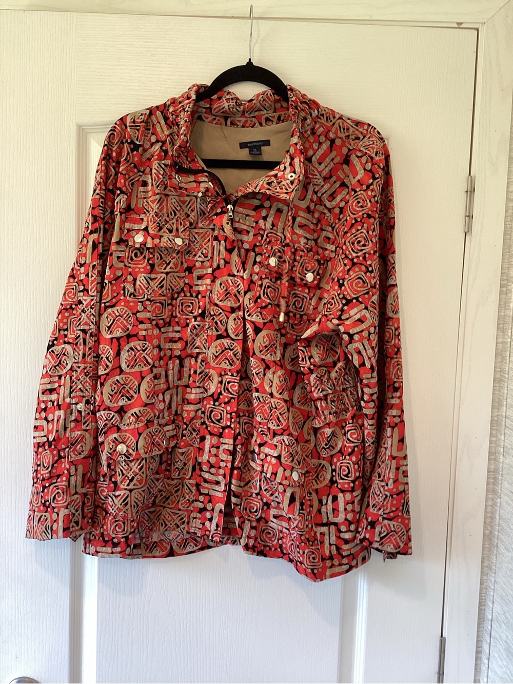 Westbound Red Black and Tan Abstract Button-Up jacket blouse XL EUC